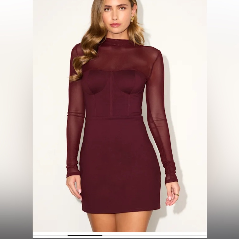 Elegant Burgundy Sheer Sleeve Dress